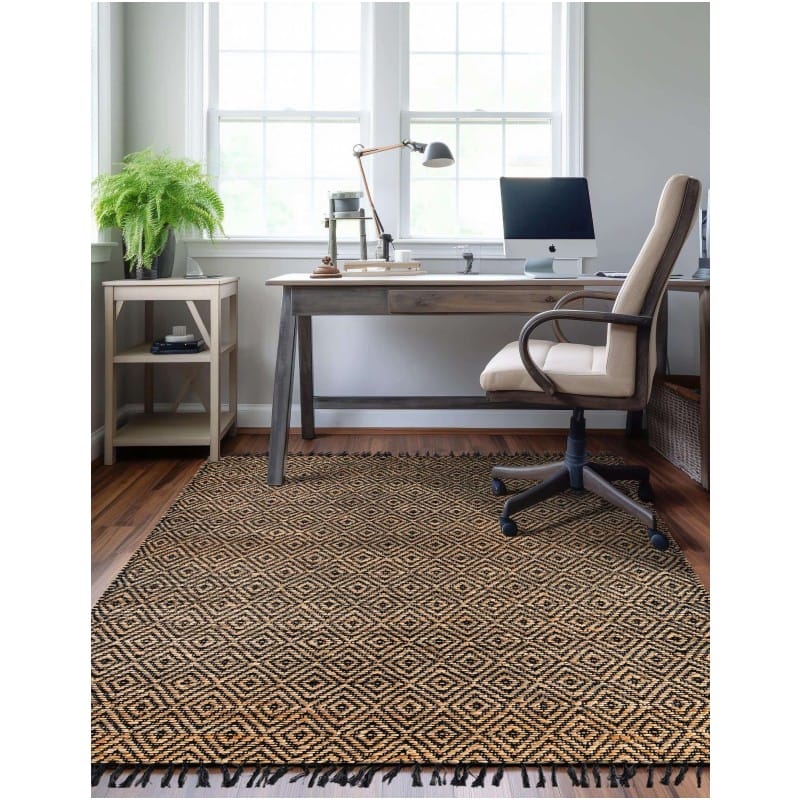 Tapete de Algodón y Yute de Rombos en Negro y Natural